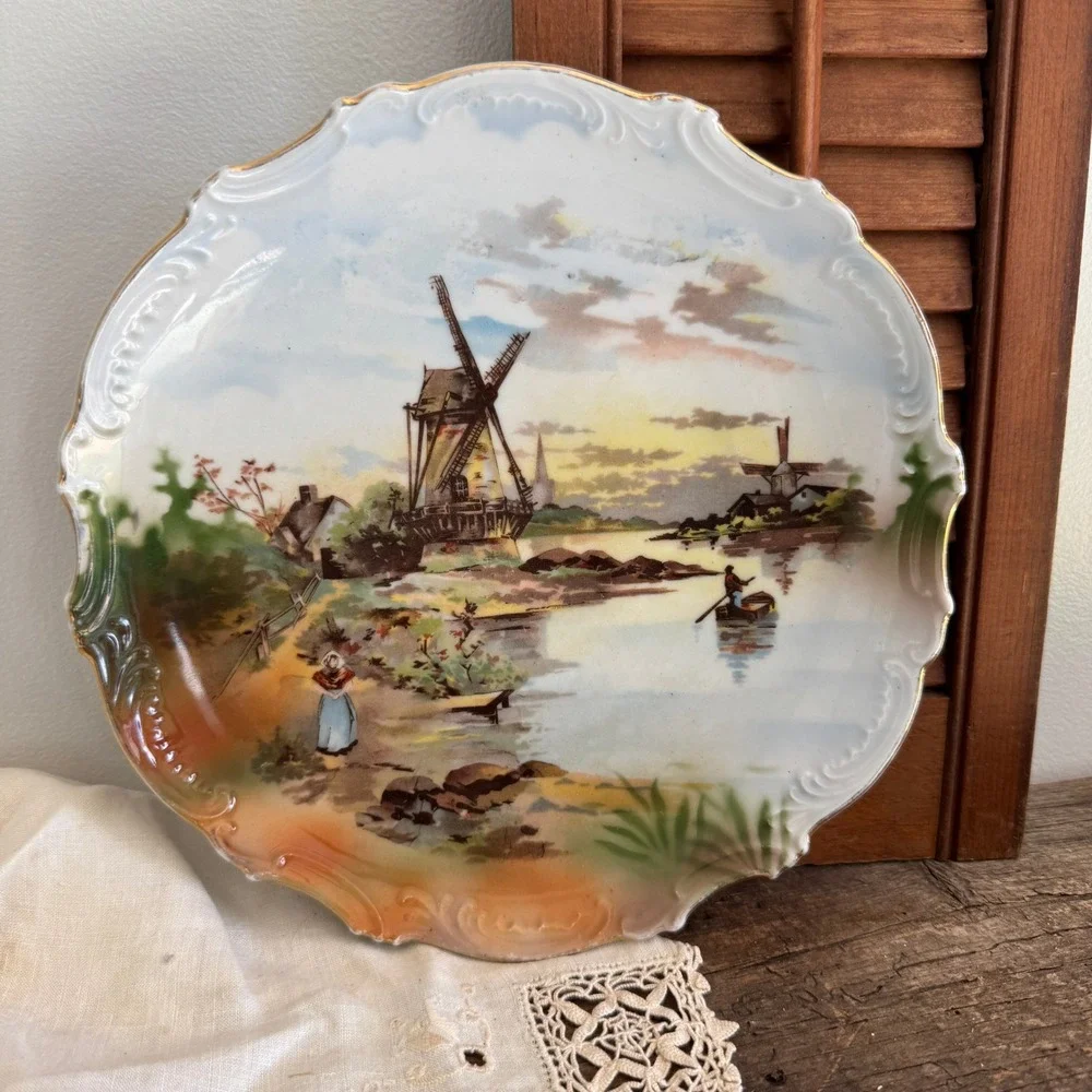 Leuchtenburg Germany Antique Windmill Dutch Landscape Scalloped Gilt Plate 10